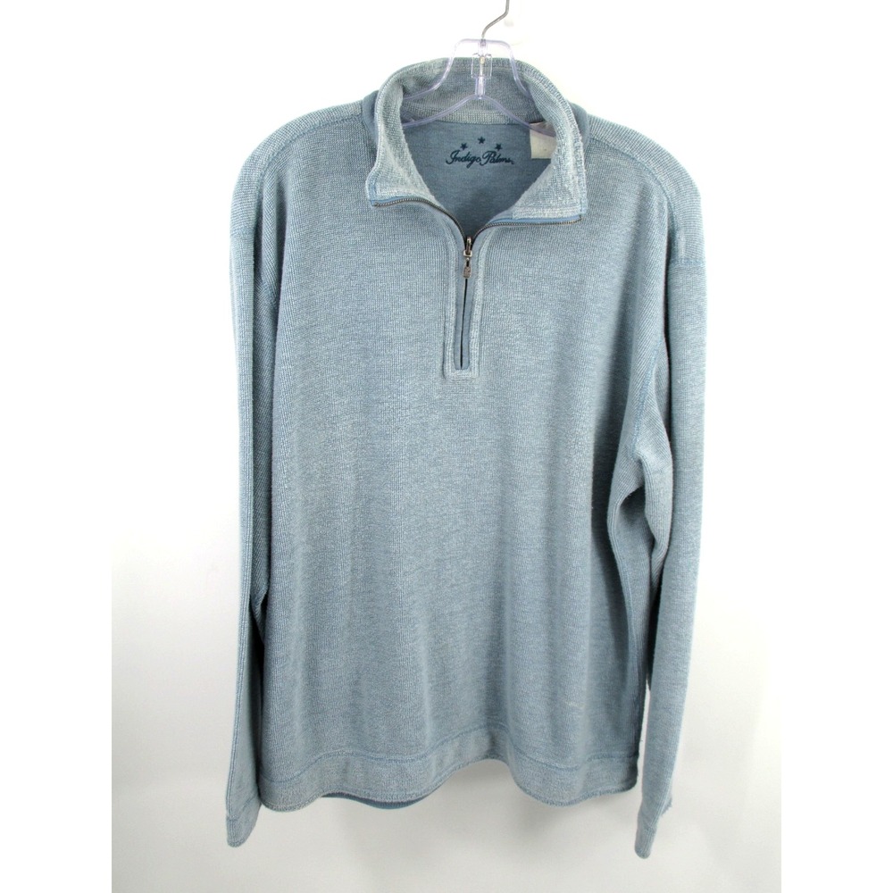 Indigo Palms Mens XL Pullover 1/4 Zip Polo Shirt Light Blue Waffle Knit Golf